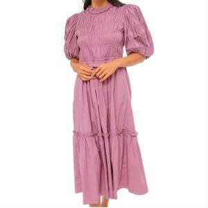 Sea New York Orchid Purple Smocked Rene Puff-Sleeve Shirred Cotton-Poplin Dress